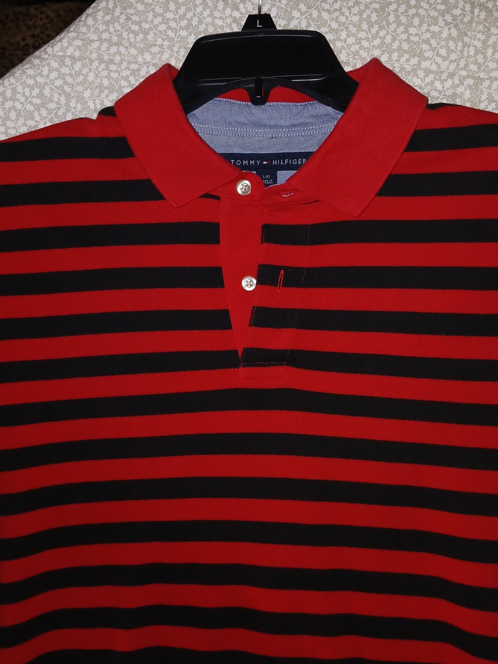Tommy Hilfiger Regular Fit Red Black Striped Men’s Polo Short Sleeved SZ. Large